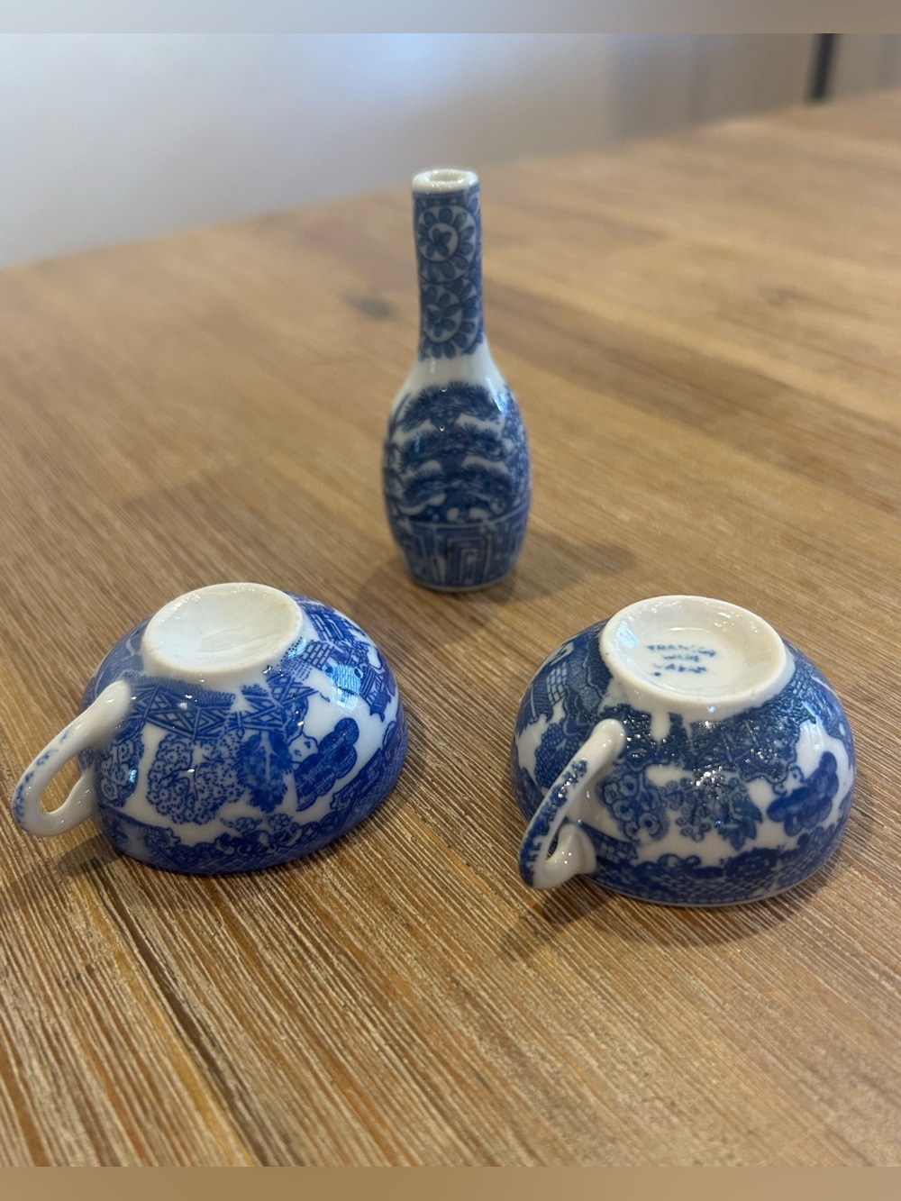 Vintage Blue and White Porcelain Mini Vase and Teacups Set